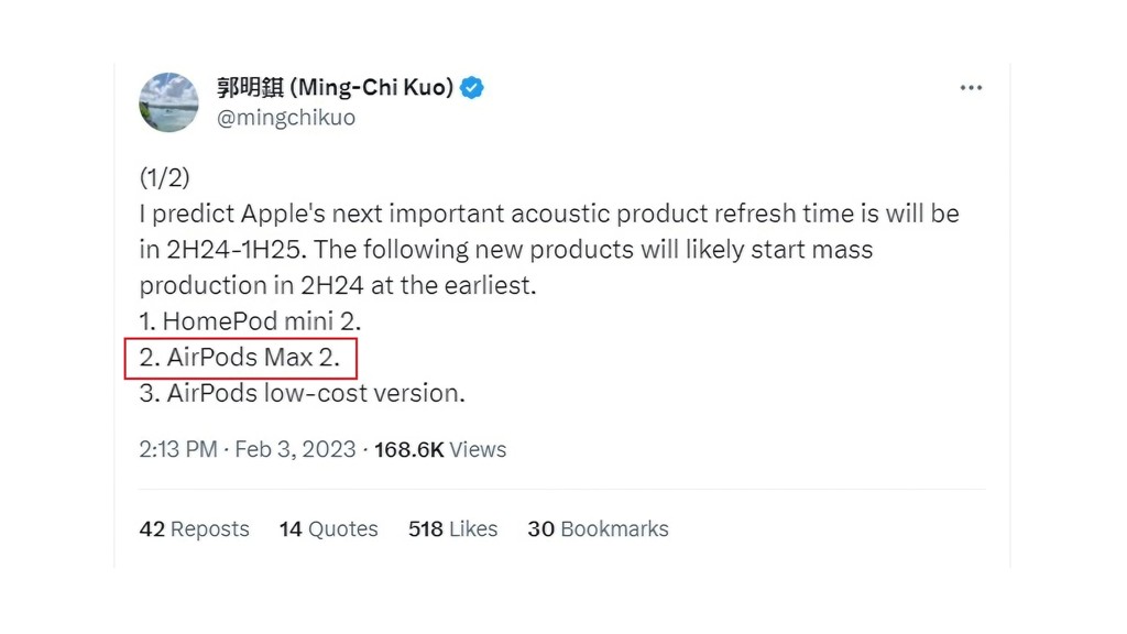 ming-chi kuo twite about airpods max 2